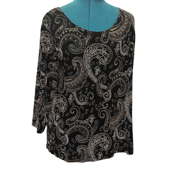 Brittany Black Top Black Gold Paisley Metallic Long Sleeve Women 1X | Party - Picture 1 of 8